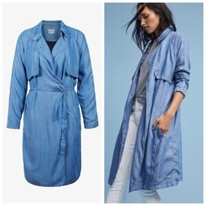 Second Female Anthropologie Belted Chambray Denim Duster Trench Coat Blue